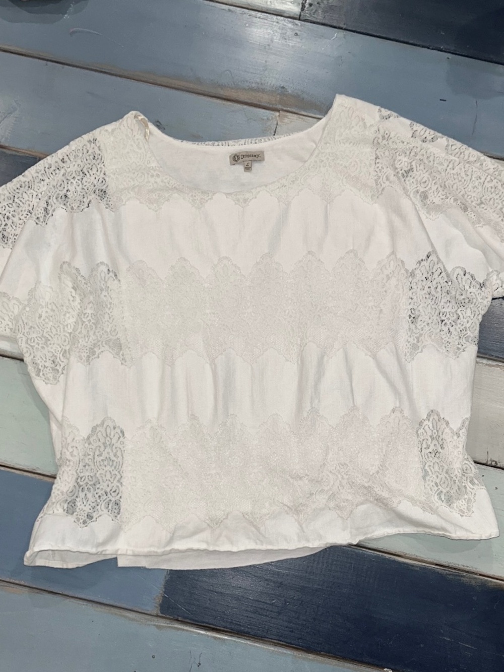 Democracy Womens White Lace Overlay Blouse Short Sleeve Boho Top Size Large